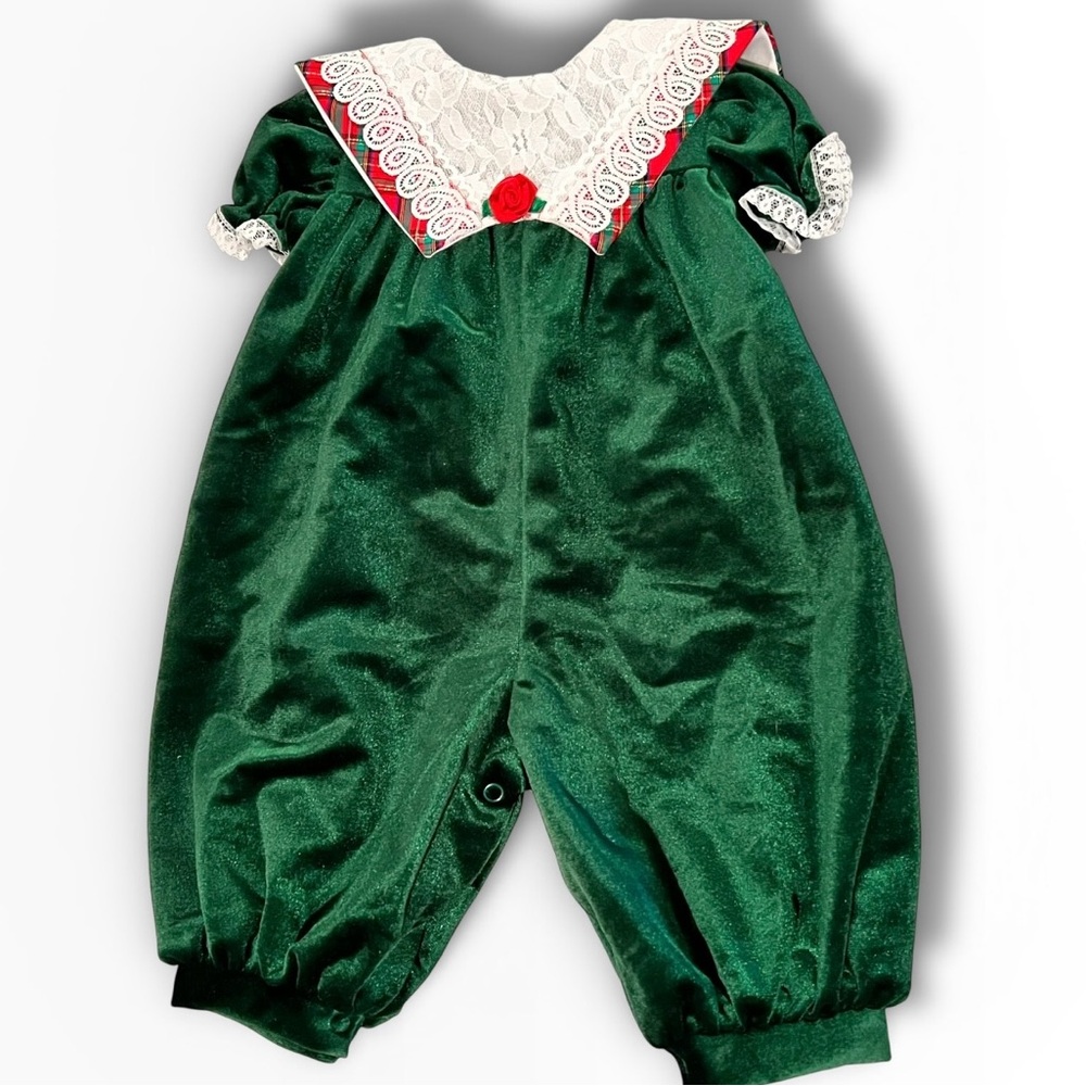 VTG 90s Kalula Kids Lace Collar Baby Girl Green 6-9 Mo Bubble Romper Jumpsuit A8